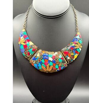 Tibetan-Nepalese Mosaic Brass Bib Necklace